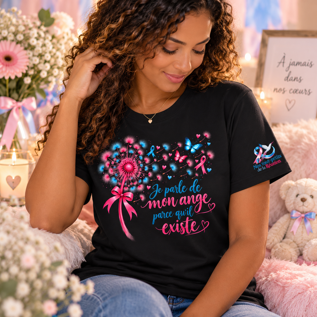 T-shirt noir « Je parle de mon ange parce qu’il existe » – Deuil périnatal | Édition solidaire