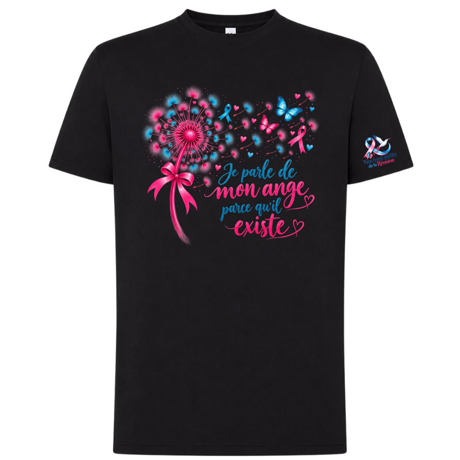 T-shirt noir « Je parle de mon ange parce qu’il existe » – Deuil périnatal | Édition solidaire