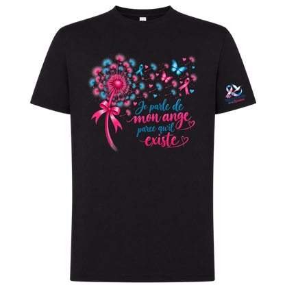 T-shirt noir « Je parle de mon ange parce qu’il existe » – Deuil périnatal | Édition solidaire