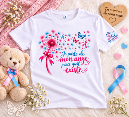 T-shirt « Je parle de mon ange parce qu’il existe » – Deuil périnatal | Édition solidaire