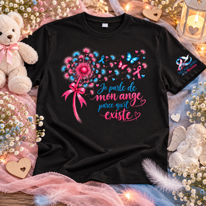 T-shirt noir « Je parle de mon ange parce qu’il existe » – Deuil périnatal | Édition solidaire