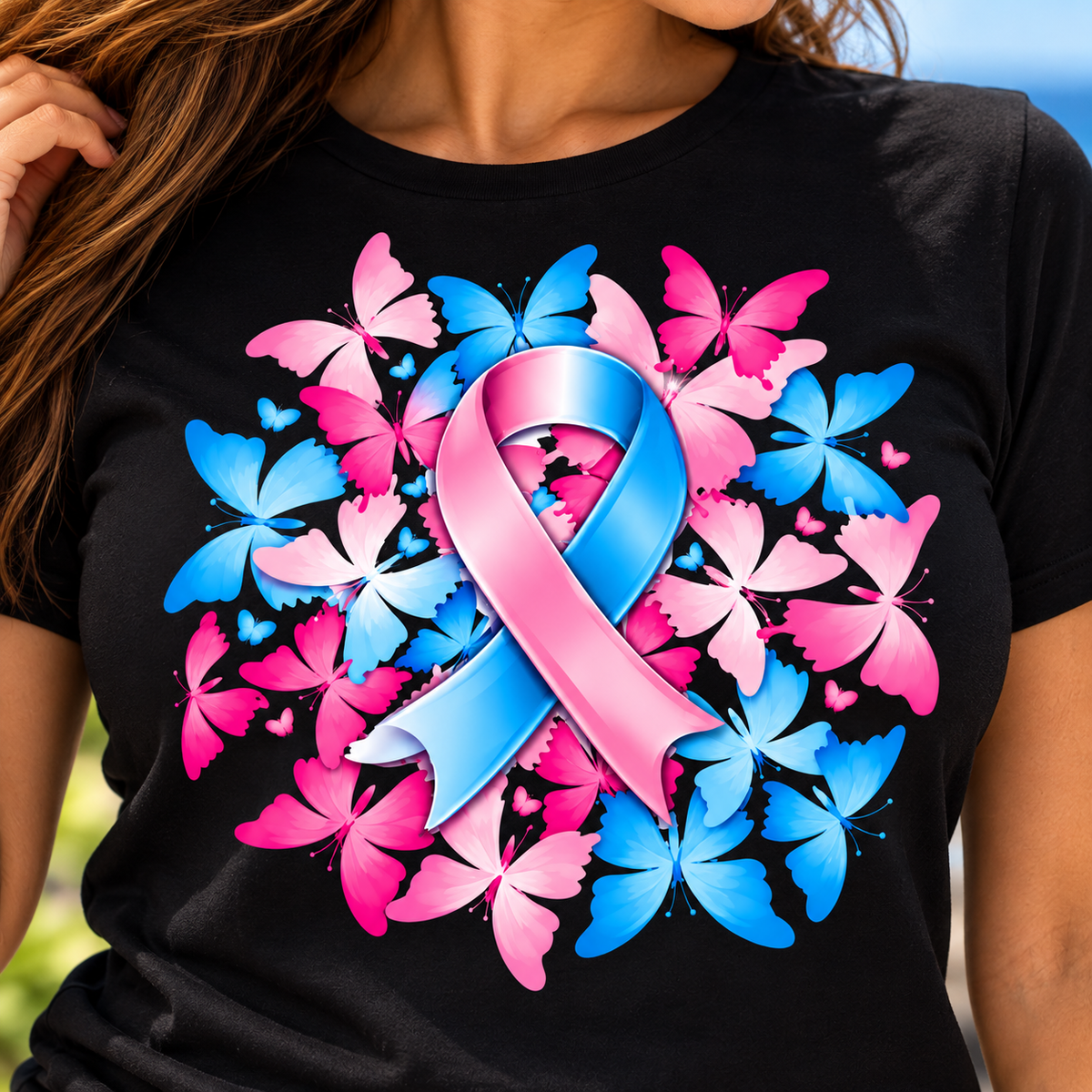 T-shirt noir– Ruban Rose & Bleu et Papillons | Nos Tout Petits