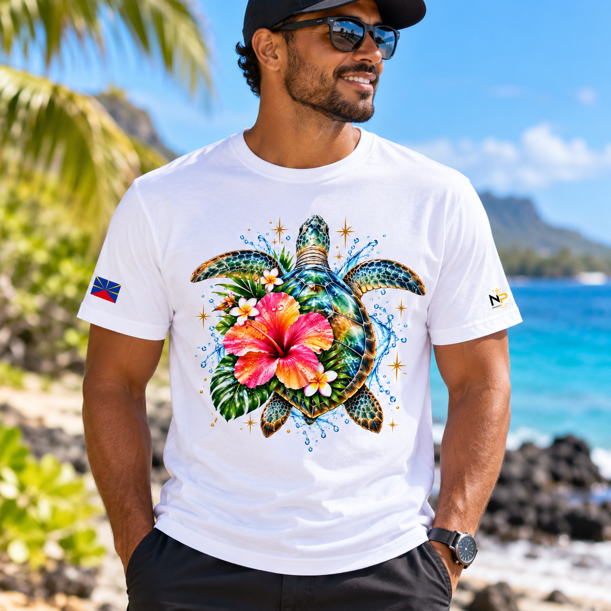 T-shirt Tortue Tropicale – Éclat des Îles 100 % Coton| Nout Péi