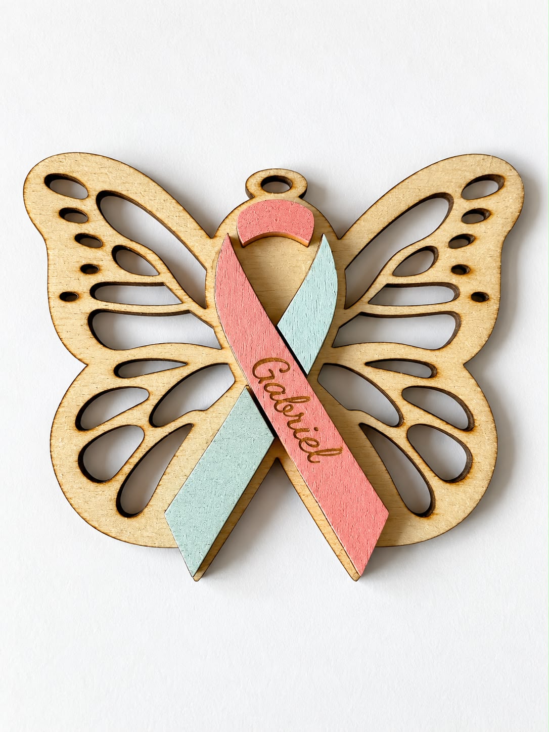 Papillon du Souvenir en Bois – Ruban Rose & Bleu Personnalisé avec Prénom